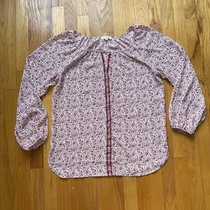 Max Studio Blouse M Red White Floral Boho Peasant Top‎ Long Sleeve Loose Flowy